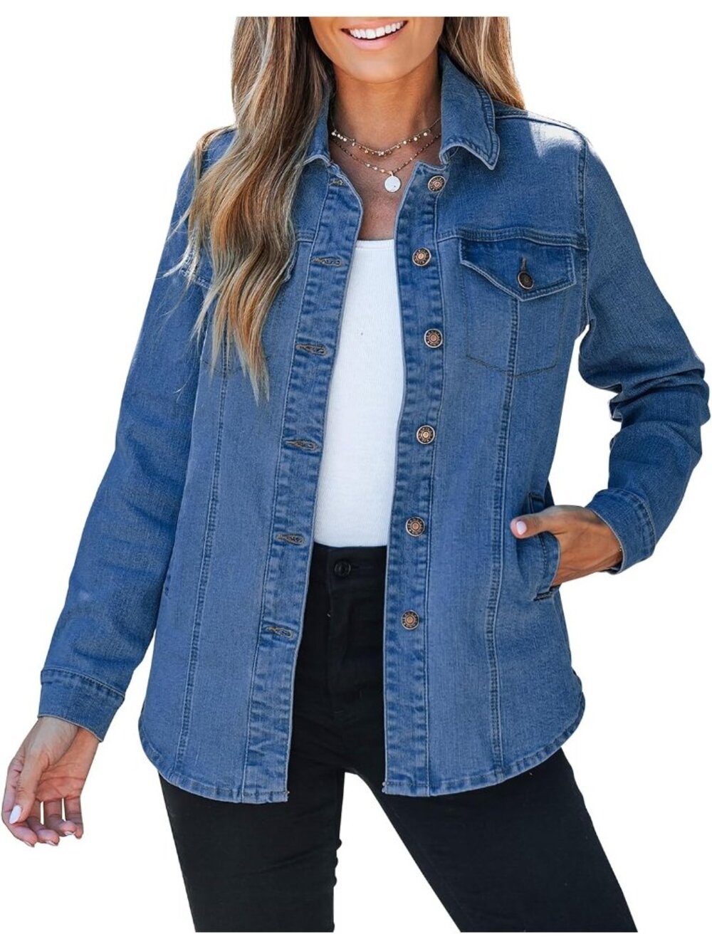 Women's Classic Blue Long Sleeve button down Pockets Denim Jacket Casual